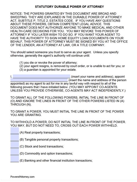 Pdf Free Printable Durable Power Of Attorney Form Texas